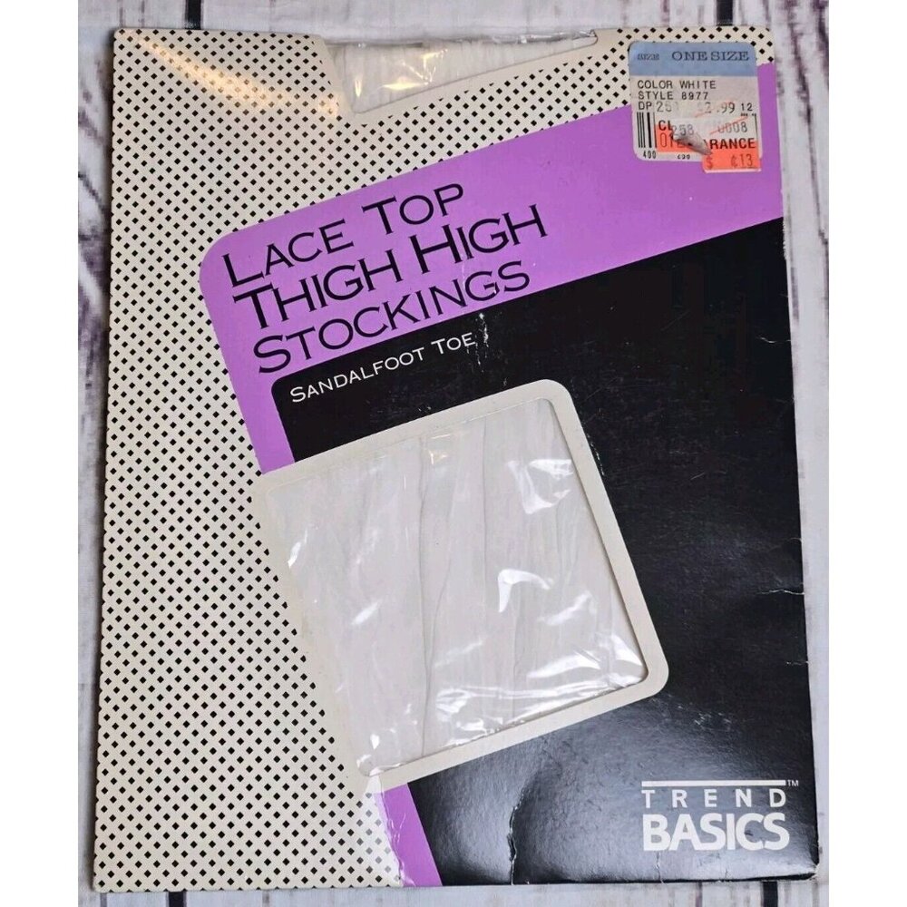 Vintage Trend Basics White Lace Top Thigh High Stockings One Size Sandalfoot Toe